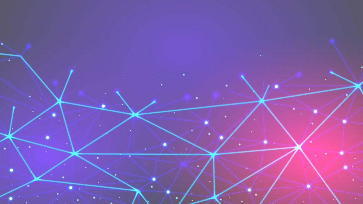 Abstract illustration of connected digital networks in blue and magenta.